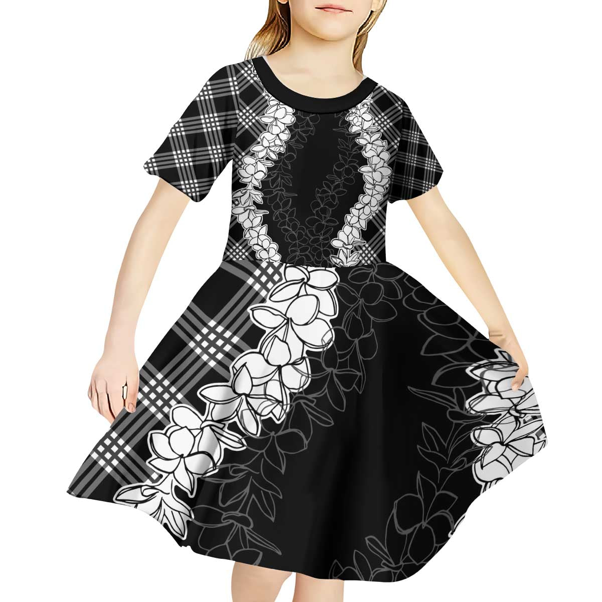 Hawaii Aloha Plumeria Lei Black Palaka Kid Short Sleeve Dress - Polynesian Pride