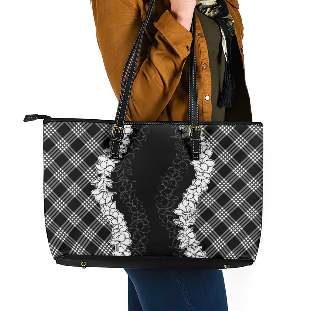 Hawaii Aloha Plumeria Lei Black Palaka Leather Tote Bag LT7 - Polynesian Pride