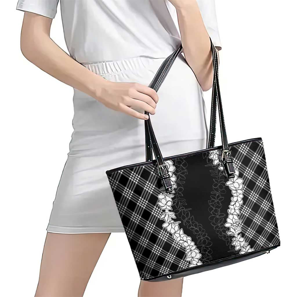 Hawaii Aloha Plumeria Lei Black Palaka Leather Tote Bag LT7 - Polynesian Pride