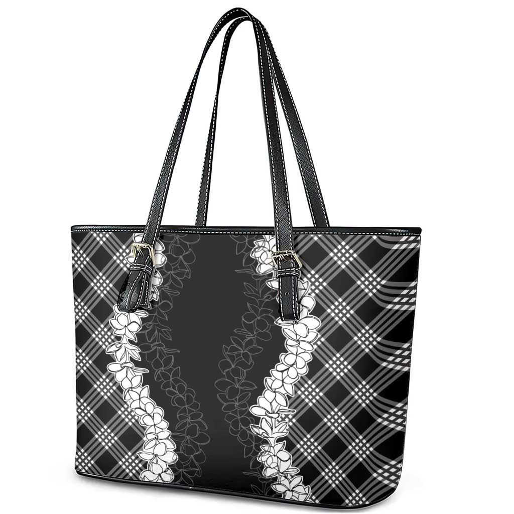 Hawaii Aloha Plumeria Lei Black Palaka Leather Tote Bag LT7 - Polynesian Pride