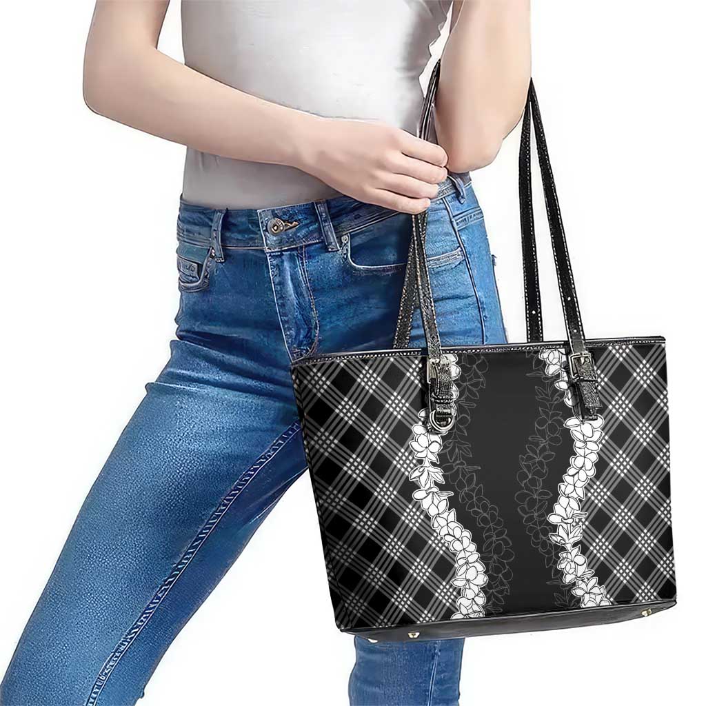 Hawaii Aloha Plumeria Lei Black Palaka Leather Tote Bag LT7 - Polynesian Pride