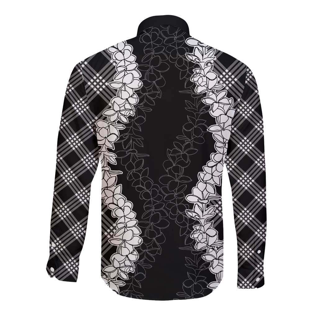 Hawaii Aloha Plumeria Lei Black Palaka Long Sleeve Button Shirt - Polynesian Pride