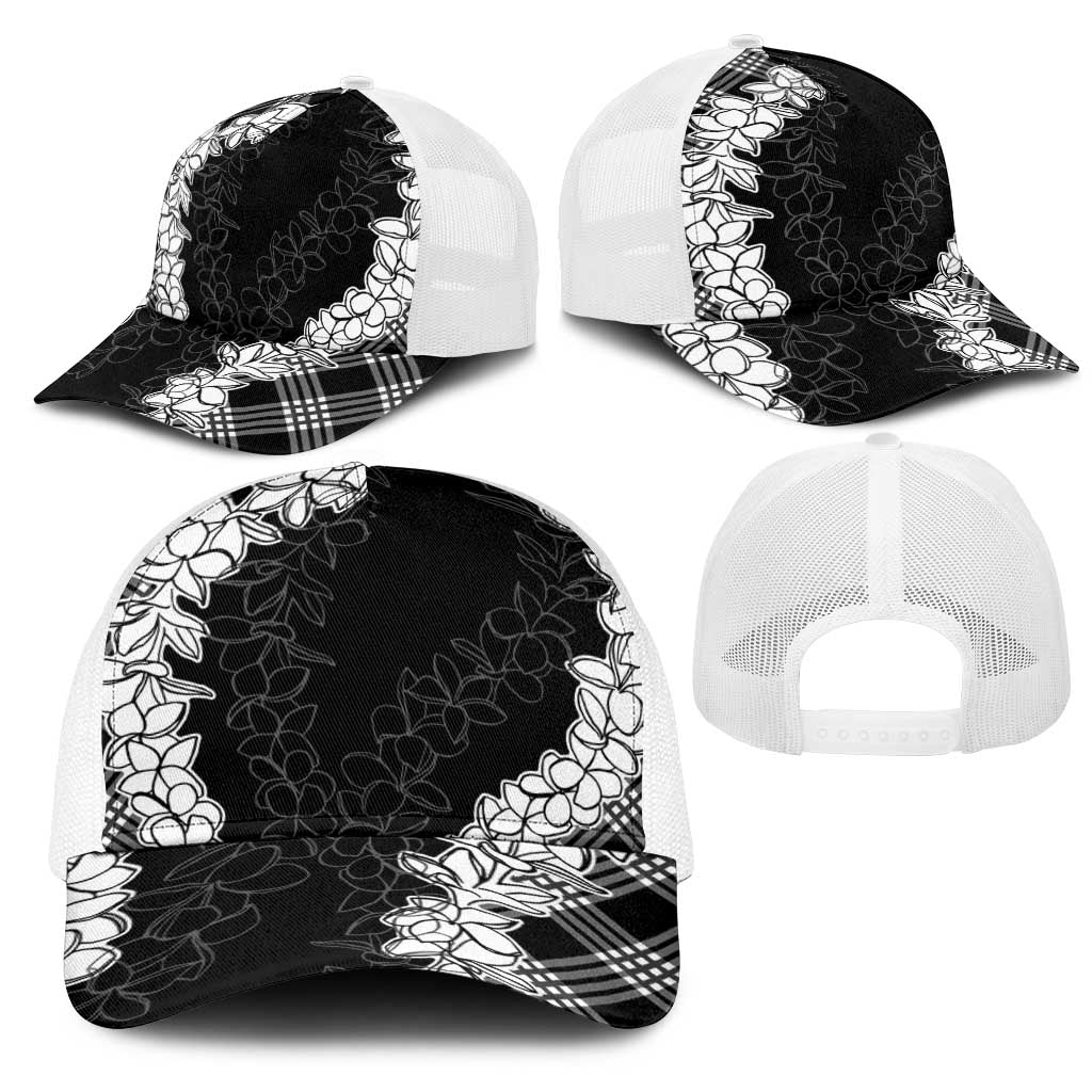 Hawaii Aloha Plumeria Lei Black Palaka Mesh Trucker Cap - Polynesian Pride