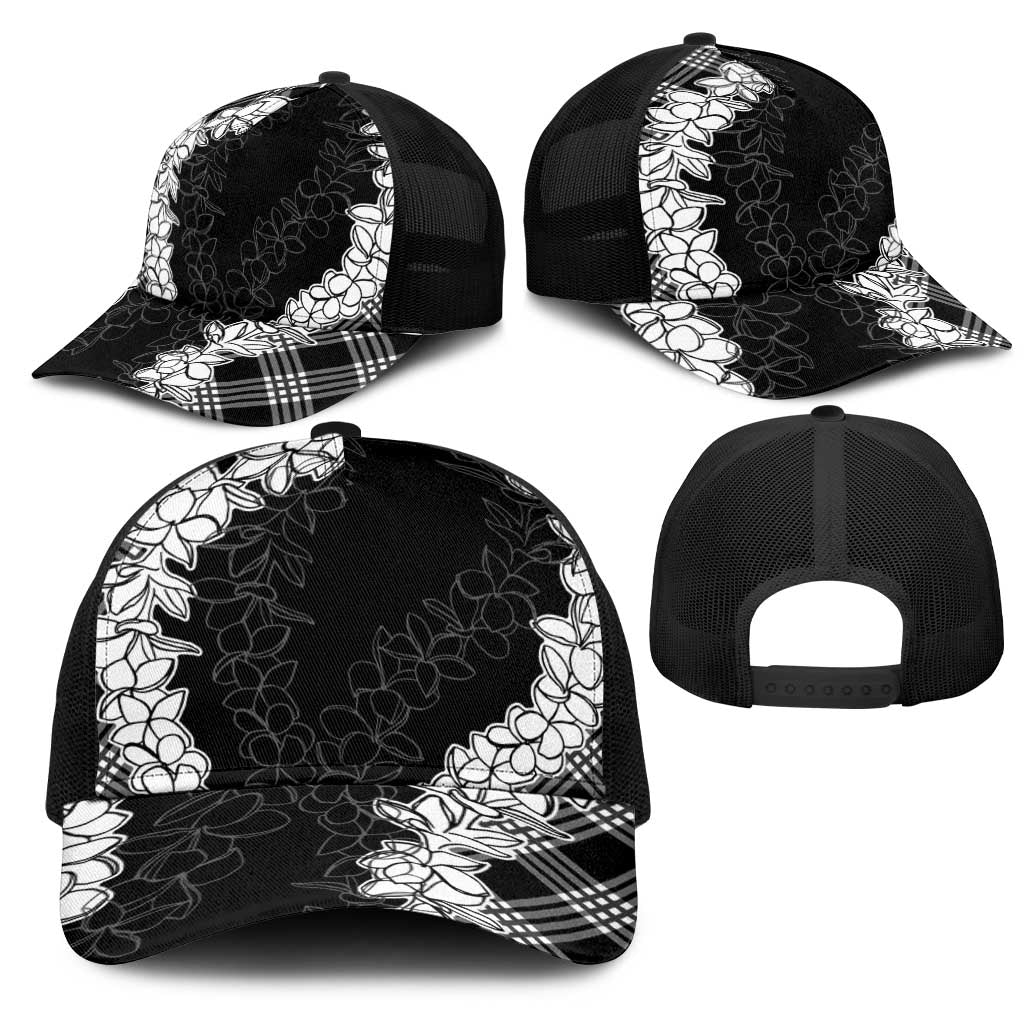 Hawaii Aloha Plumeria Lei Black Palaka Mesh Trucker Cap - Polynesian Pride