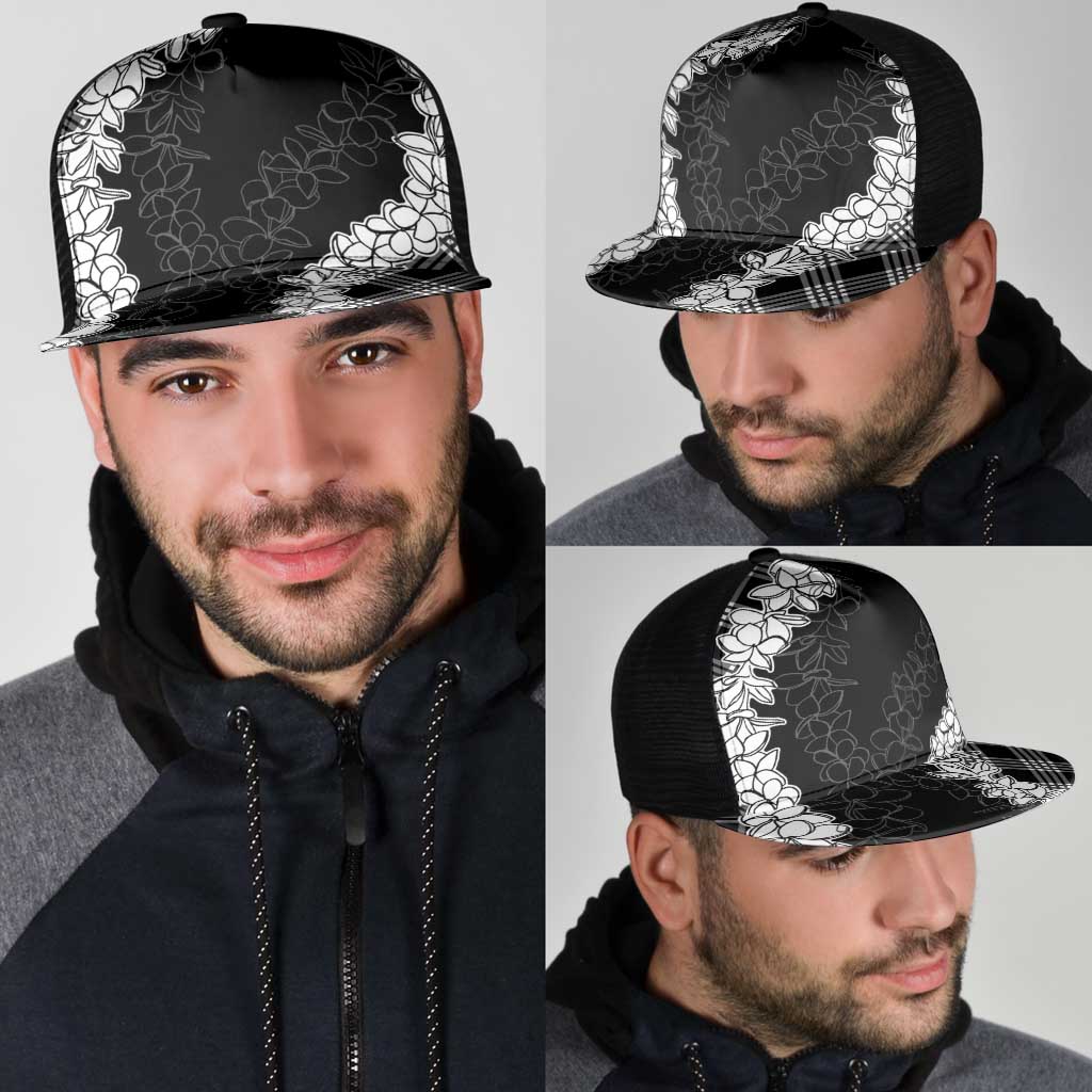 Hawaii Aloha Plumeria Lei Black Palaka Mesh Trucker Cap - Polynesian Pride