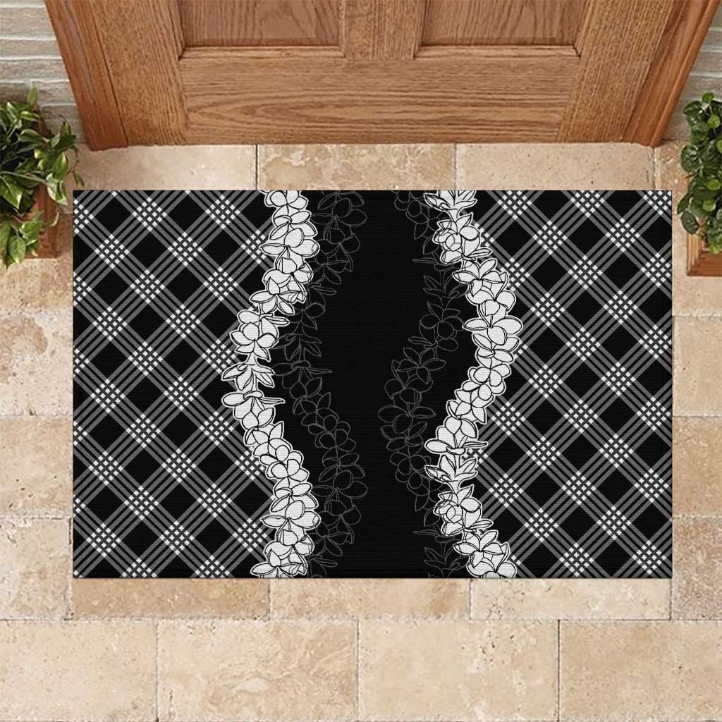 Hawaii Aloha Plumeria Lei Black Palaka Rubber Doormat - Polynesian Pride