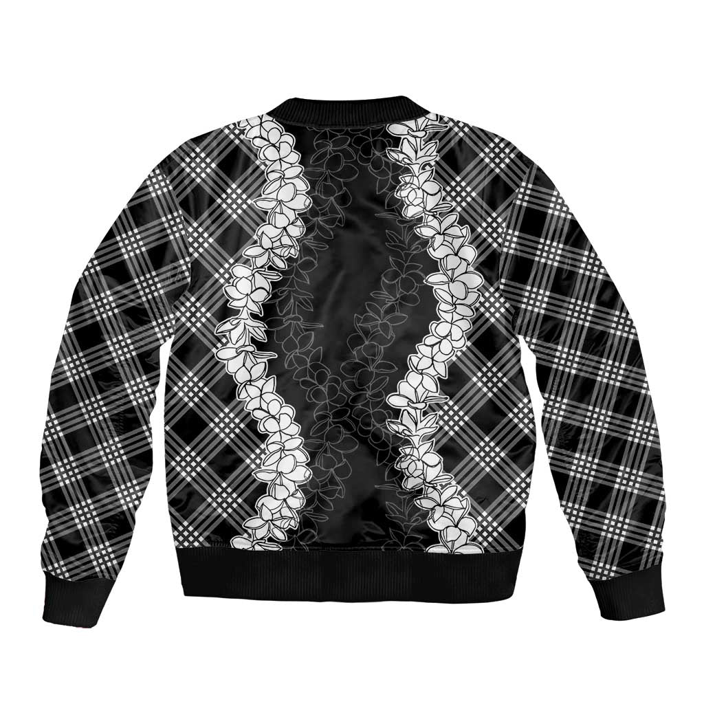 Hawaii Aloha Plumeria Lei Black Palaka Sleeve Zip Bomber Jacket - Polynesian Pride