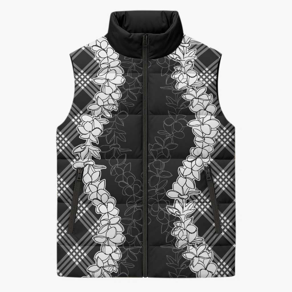 Hawaii Aloha Plumeria Lei Black Palaka Sleeveless Puffer Jacket - Polynesian Pride