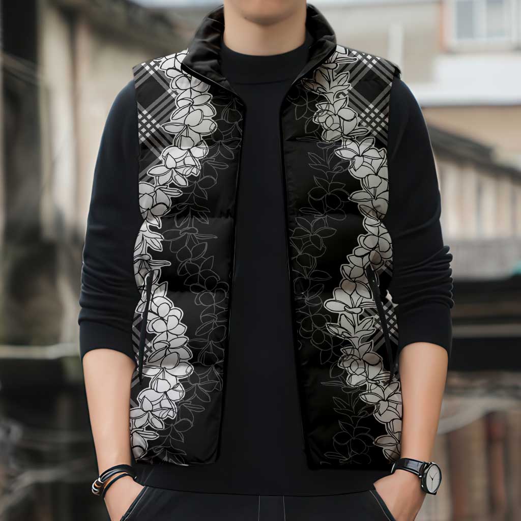 Hawaii Aloha Plumeria Lei Black Palaka Sleeveless Puffer Jacket - Polynesian Pride