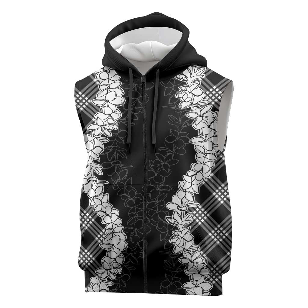 Hawaii Aloha Plumeria Lei Black Palaka Sleeveless Zip Hoodie - Polynesian Pride
