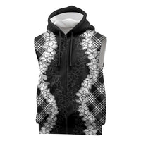 Hawaii Aloha Plumeria Lei Black Palaka Sleeveless Zip Hoodie - Polynesian Pride