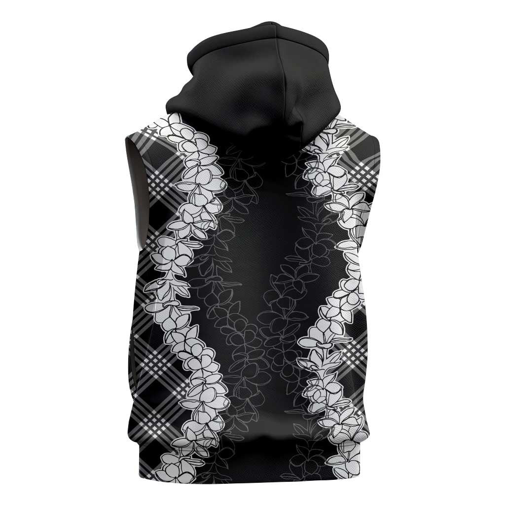 Hawaii Aloha Plumeria Lei Black Palaka Sleeveless Zip Hoodie - Polynesian Pride