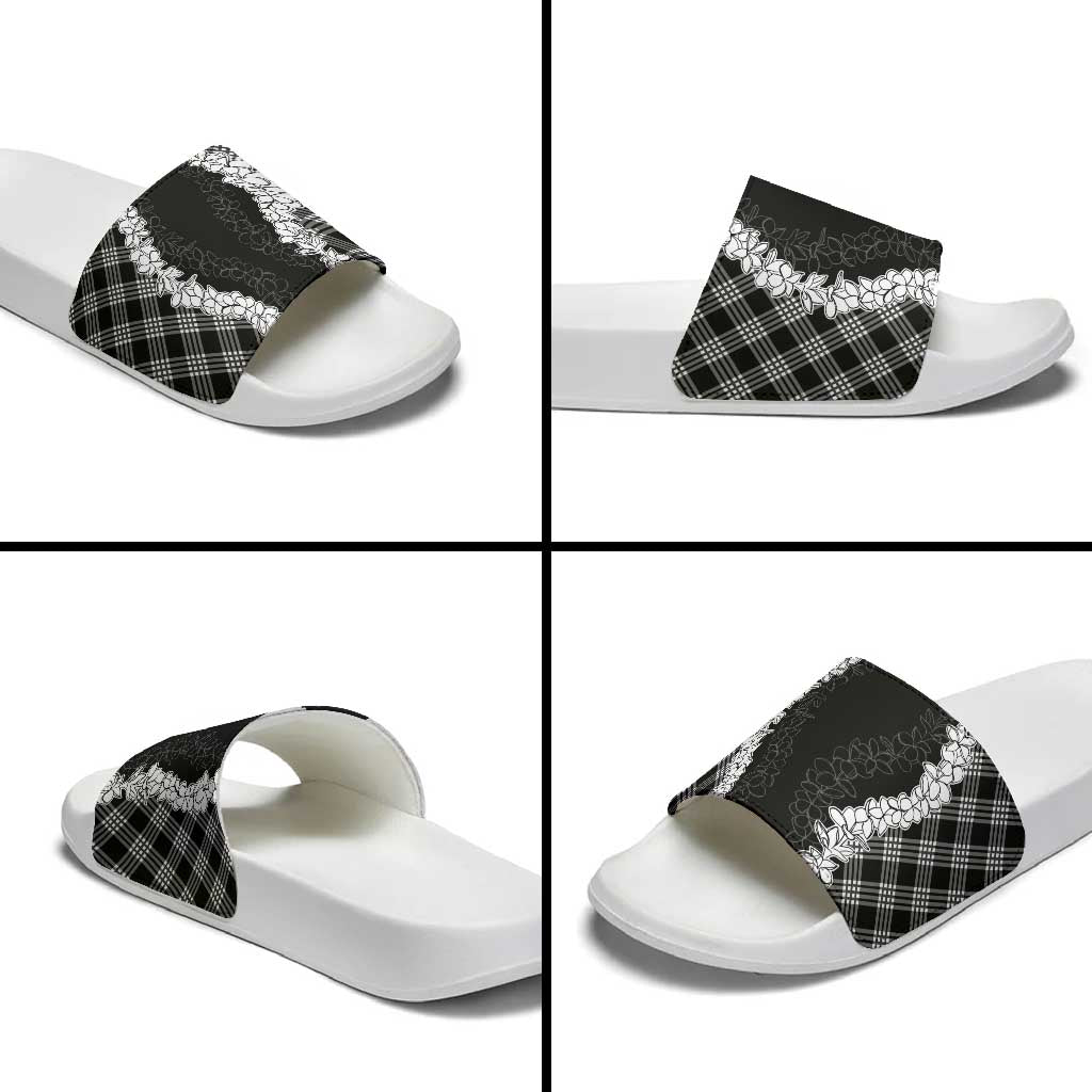 Hawaii Aloha Plumeria Lei Black Palaka Slide Sandals - Polynesian Pride