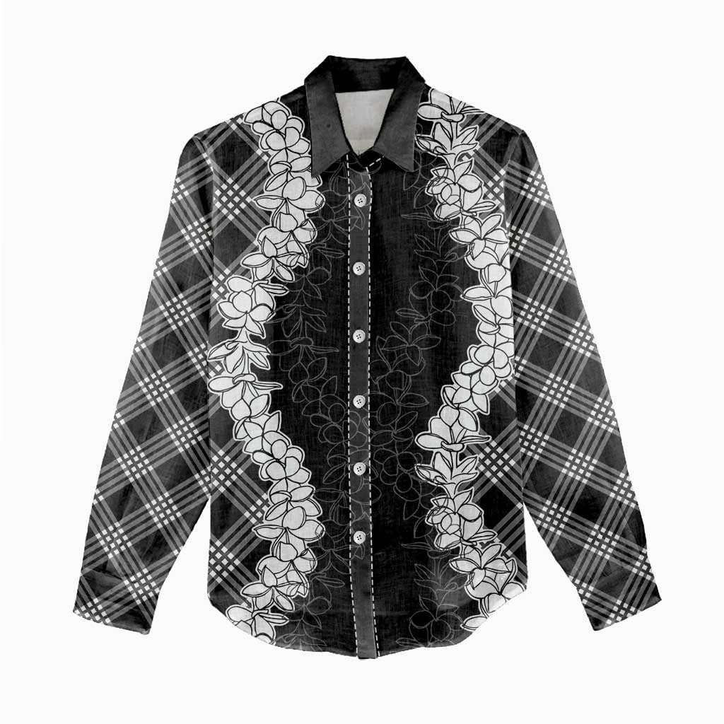 Hawaii Aloha Plumeria Lei Black Palaka Women Casual Shirt - Polynesian Pride
