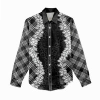Hawaii Aloha Plumeria Lei Black Palaka Women Casual Shirt - Polynesian Pride