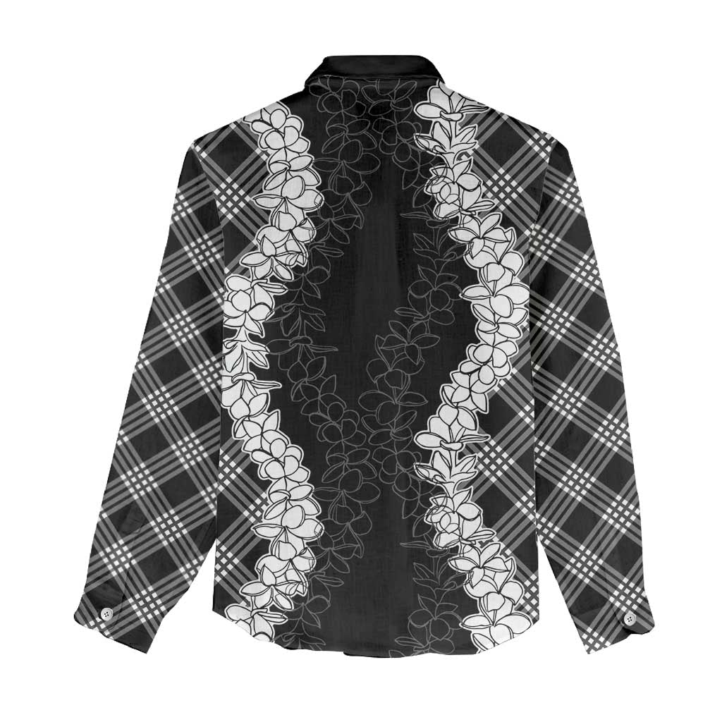 Hawaii Aloha Plumeria Lei Black Palaka Women Casual Shirt - Polynesian Pride