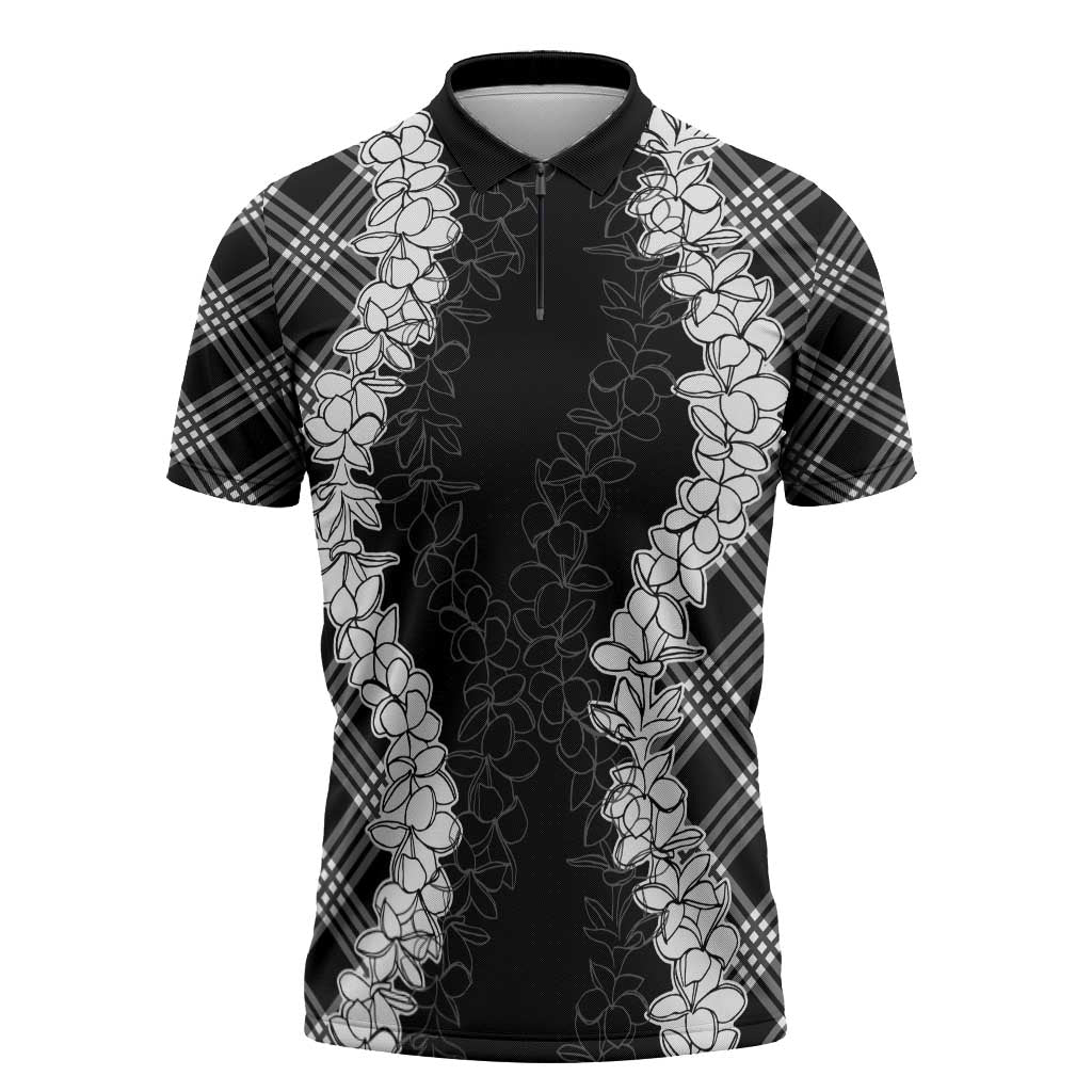 Hawaii Aloha Plumeria Lei Black Palaka Zipper Polo Shirt - Polynesian Pride