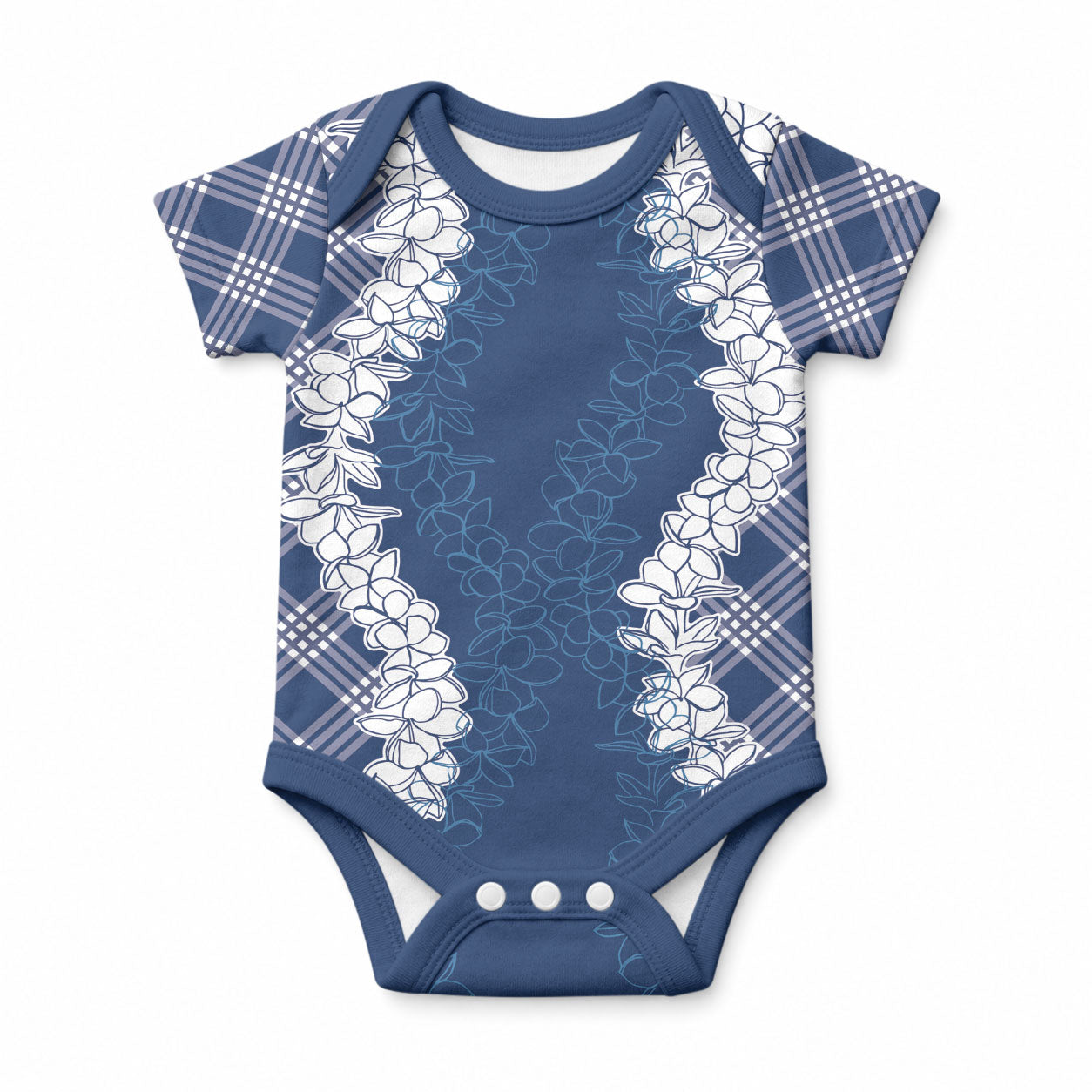 Hawaii Aloha Plumeria Lei Navy Palaka Baby Onesie