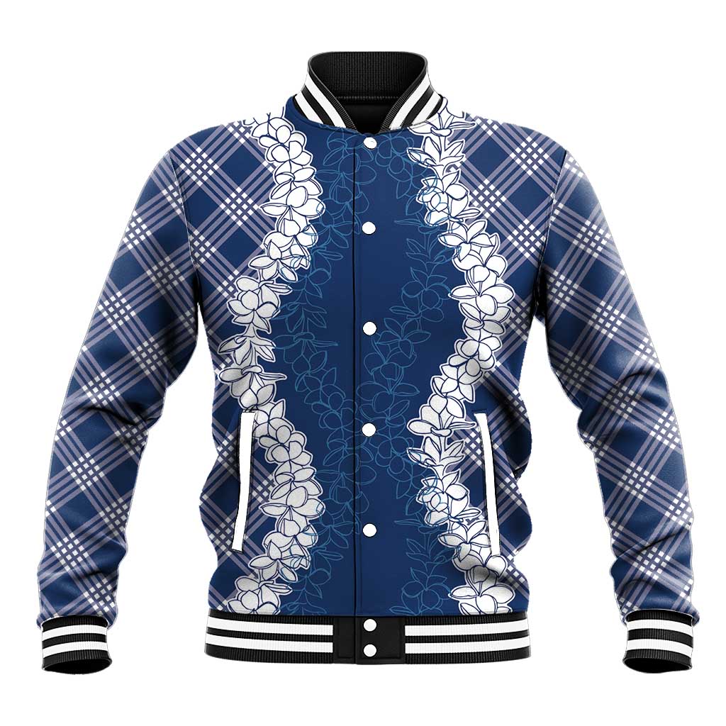 Hawaii Aloha Plumeria Lei Navy Palaka Baseball Jacket - Polynesian Pride