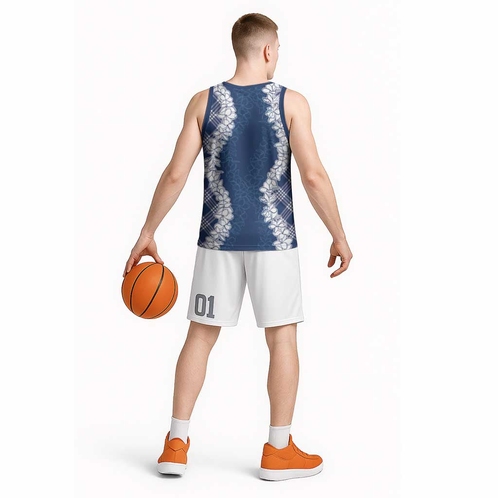 Hawaii Aloha Plumeria Lei Navy Palaka Basketball Jersey - Polynesian Pride