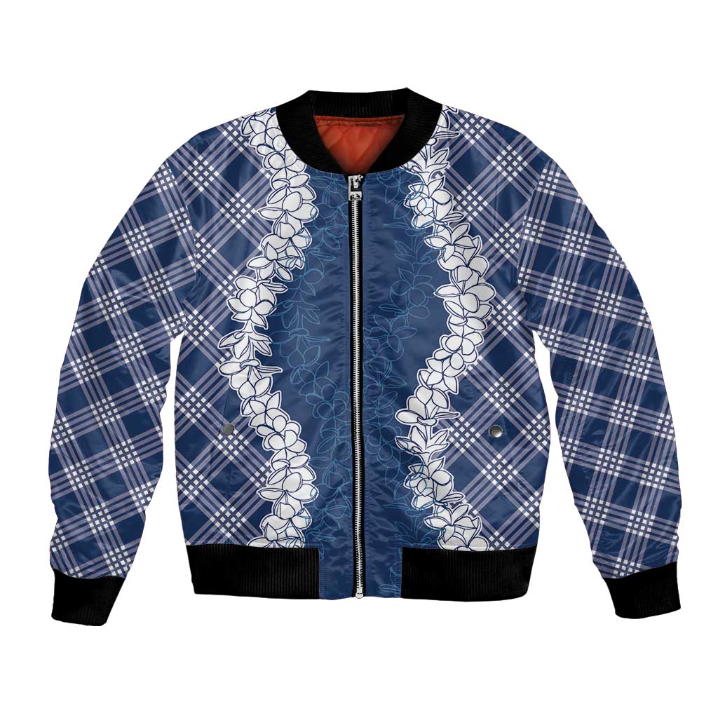 Hawaii Aloha Plumeria Lei Navy Palaka Bomber Jacket - Polynesian Pride