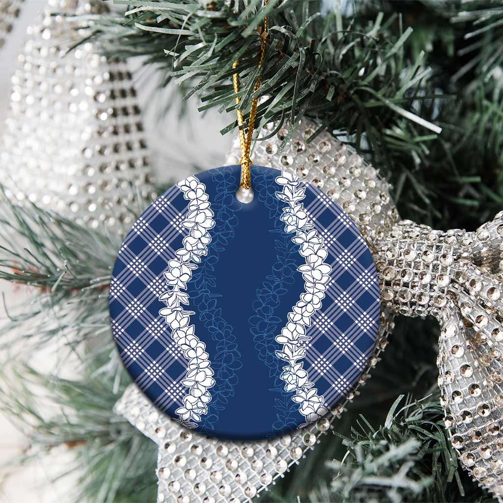 Hawaii Aloha Plumeria Lei Navy Palaka Ceramic Ornament - Polynesian Pride