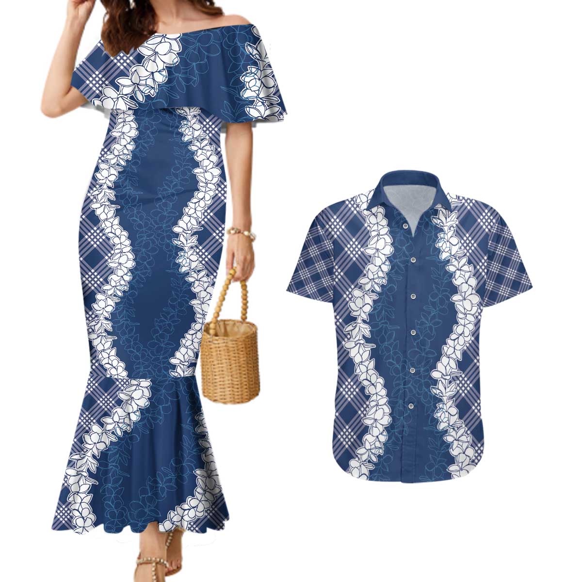 Hawaii Aloha Plumeria Lei Navy Palaka Couples Matching Mermaid Dress and Hawaiian Shirt - Polynesian Pride
