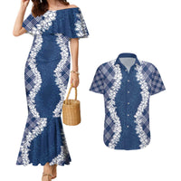 Hawaii Aloha Plumeria Lei Navy Palaka Couples Matching Mermaid Dress and Hawaiian Shirt - Polynesian Pride