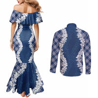 Hawaii Aloha Plumeria Lei Navy Palaka Couples Matching Mermaid Dress and Long Sleeve Button Shirt - Polynesian Pride