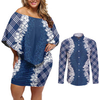 Hawaii Aloha Plumeria Lei Navy Palaka Couples Matching Off Shoulder Short Dress and Long Sleeve Button Shirt - Polynesian Pride