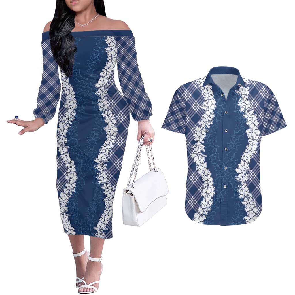 Hawaii Aloha Plumeria Lei Navy Palaka Couples Matching Off The Shoulder Long Sleeve Dress and Hawaiian Shirt - Polynesian Pride