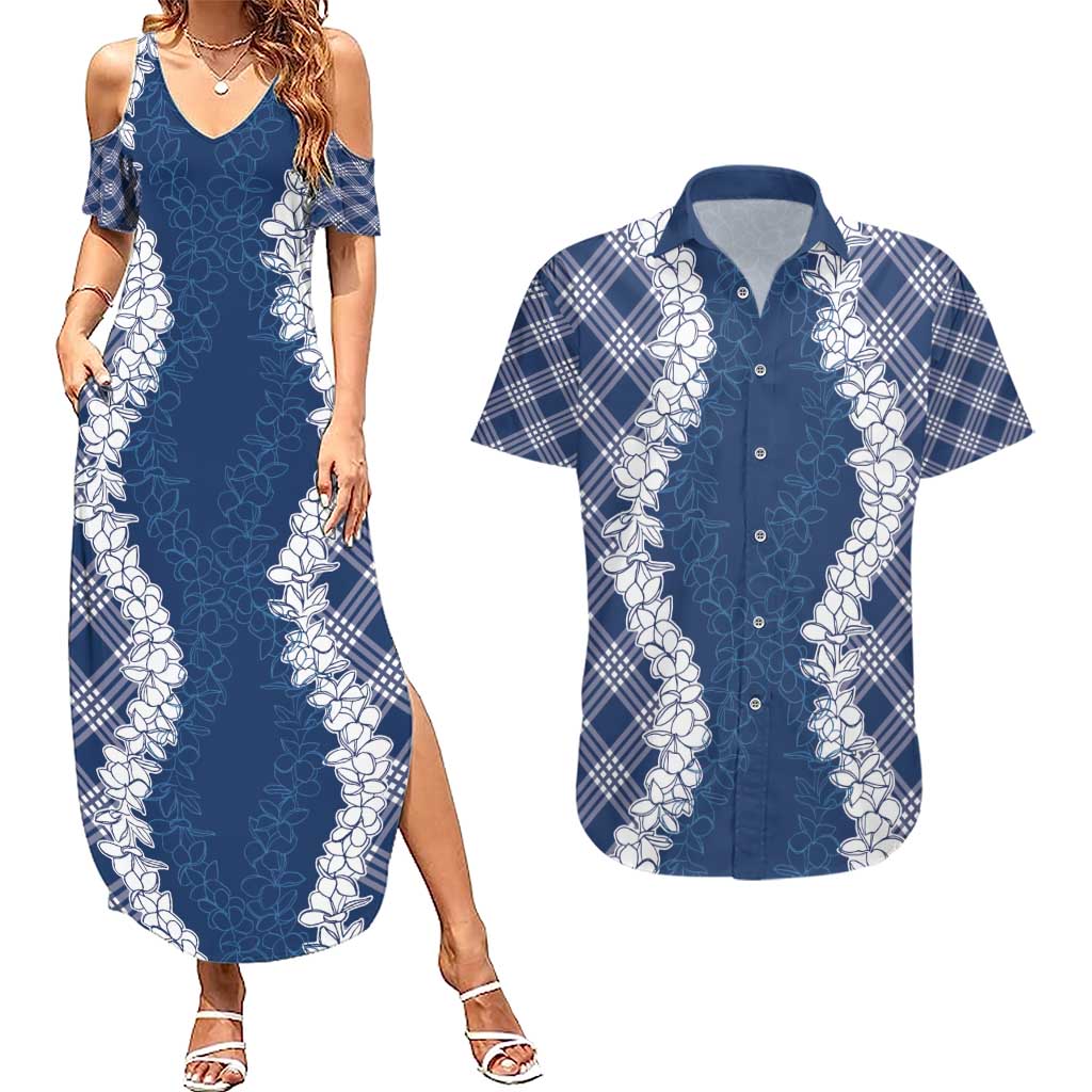 Hawaii Aloha Plumeria Lei Navy Palaka Couples Matching Summer Maxi Dress and Hawaiian Shirt - Polynesian Pride
