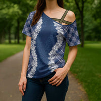 Hawaii Aloha Plumeria Lei Navy Palaka Cross Shoulder Shirt - Polynesian Pride