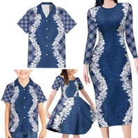 Hawaii Aloha Plumeria Lei Navy Palaka Family Matching Long Sleeve Bodycon Dress and Hawaiian Shirt LT7 - Polynesian Pride
