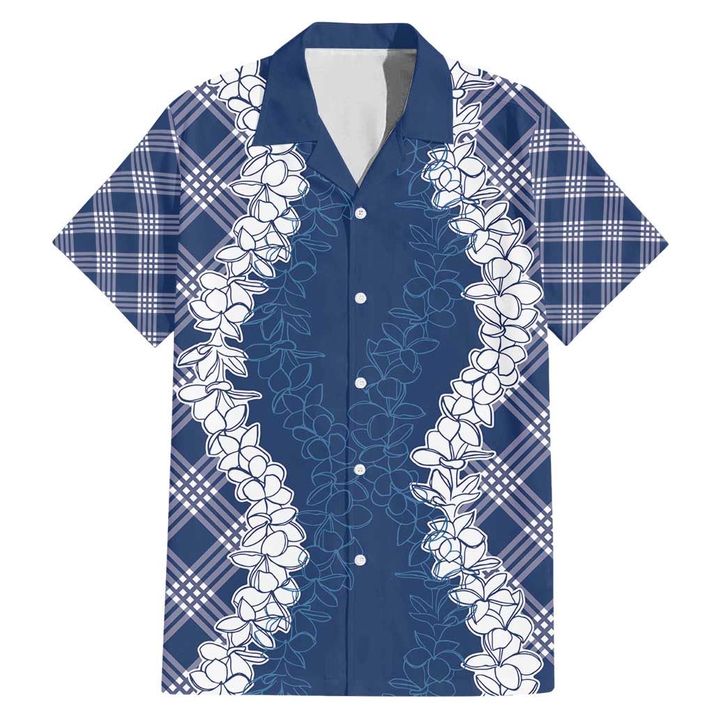 Hawaii Aloha Plumeria Lei Navy Palaka Family Matching Mermaid Dress and Hawaiian Shirt LT7 Dad's Shirt - Short Sleeve Navy Blue - Polynesian Pride