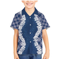 Hawaii Aloha Plumeria Lei Navy Palaka Family Matching Mermaid Dress and Hawaiian Shirt LT7 Son's Shirt Navy Blue - Polynesian Pride
