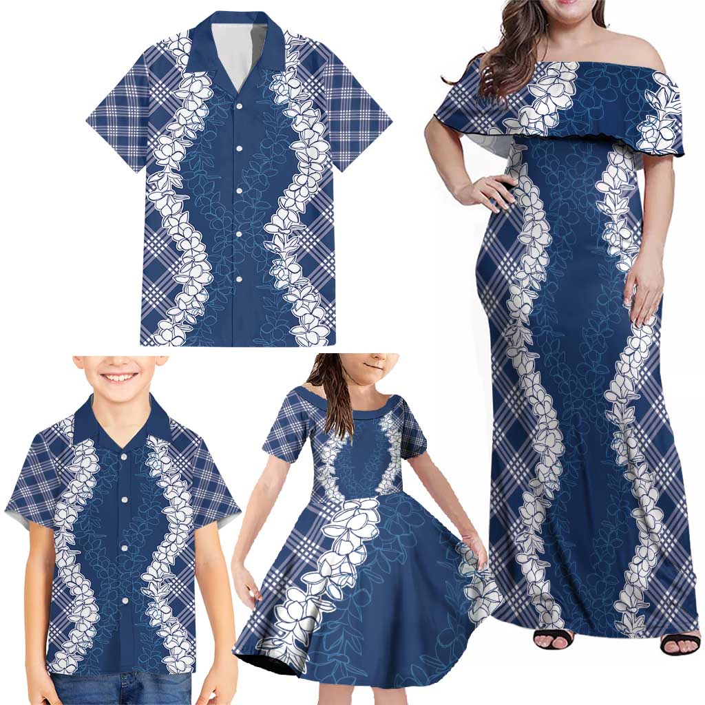 Hawaii Aloha Plumeria Lei Navy Palaka Family Matching Off Shoulder Maxi Dress and Hawaiian Shirt LT7 - Polynesian Pride