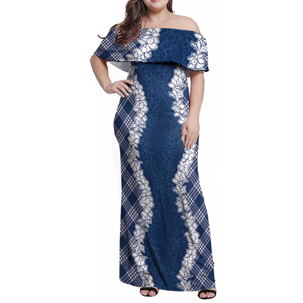 Hawaii Aloha Plumeria Lei Navy Palaka Family Matching Off Shoulder Maxi Dress and Hawaiian Shirt LT7 Mom's Dress Navy Blue - Polynesian Pride