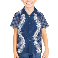 Hawaii Aloha Plumeria Lei Navy Palaka Family Matching Off Shoulder Maxi Dress and Hawaiian Shirt LT7 Son's Shirt Navy Blue - Polynesian Pride