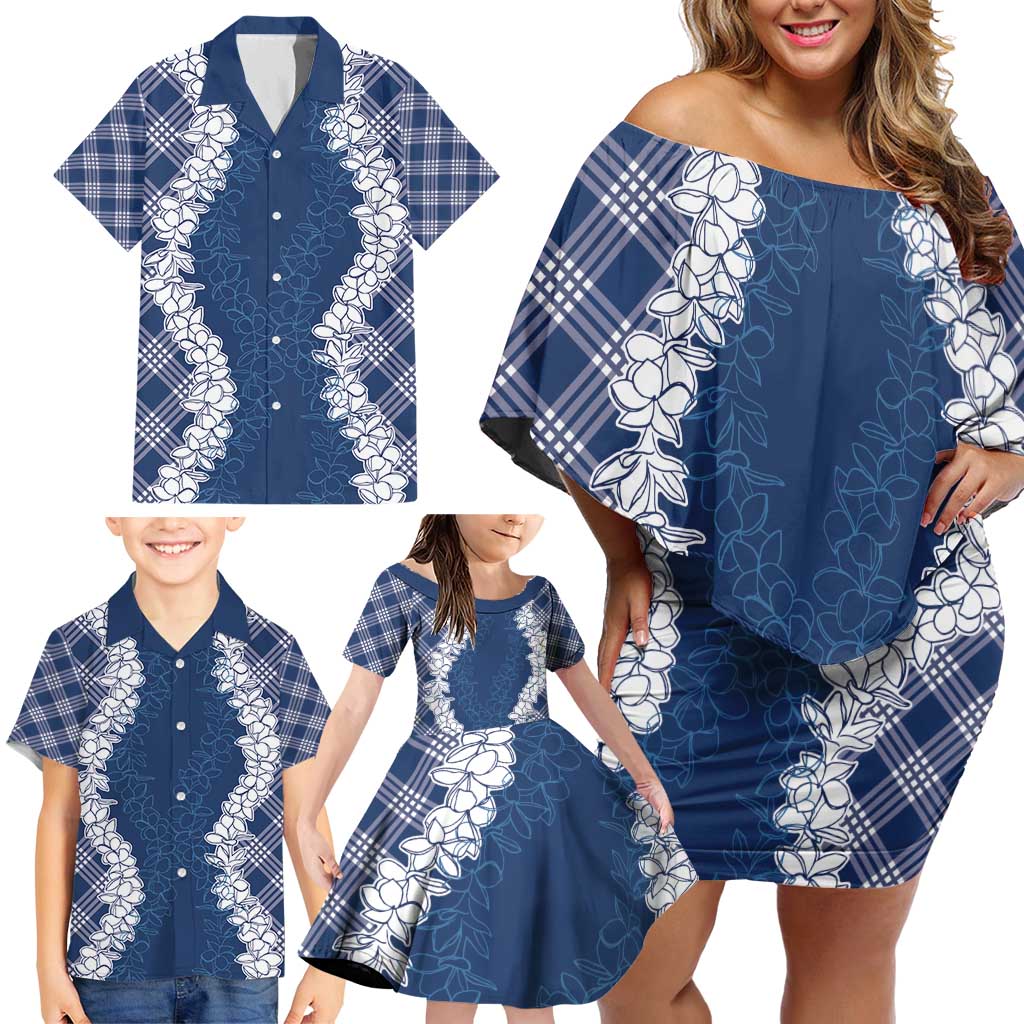 Hawaii Aloha Plumeria Lei Navy Palaka Family Matching Off Shoulder Short Dress and Hawaiian Shirt LT7 - Polynesian Pride