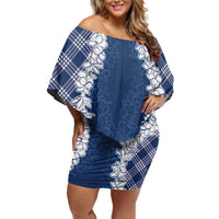 Hawaii Aloha Plumeria Lei Navy Palaka Family Matching Off Shoulder Short Dress and Hawaiian Shirt LT7 Mom's Dress Navy Blue - Polynesian Pride