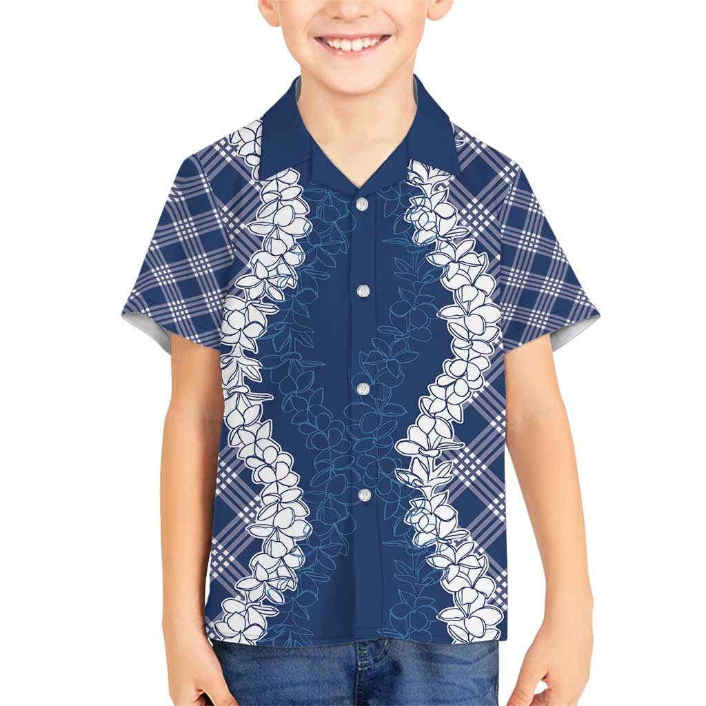 Hawaii Aloha Plumeria Lei Navy Palaka Family Matching Off Shoulder Short Dress and Hawaiian Shirt LT7 Son's Shirt Navy Blue - Polynesian Pride
