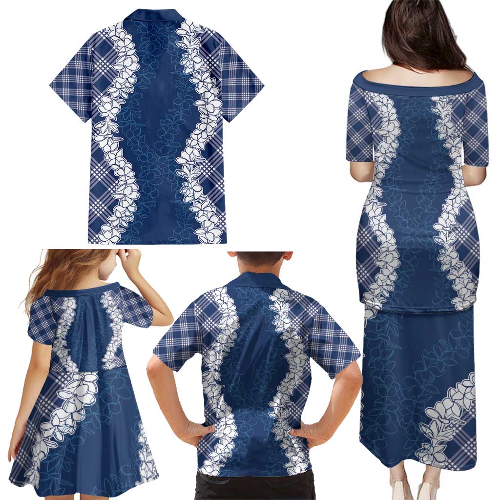 Hawaii Aloha Plumeria Lei Navy Palaka Family Matching Puletasi and Hawaiian Shirt - Polynesian Pride