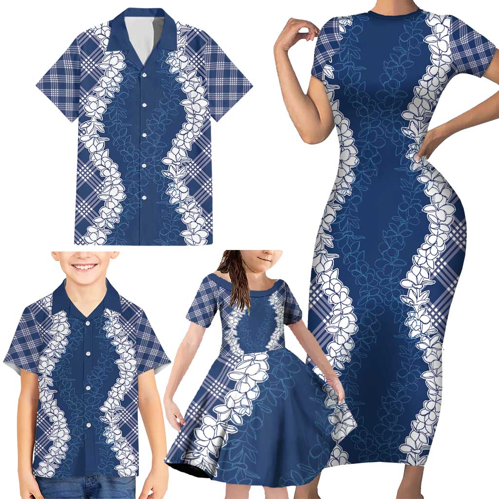 Hawaii Aloha Plumeria Lei Navy Palaka Family Matching Short Sleeve Bodycon Dress and Hawaiian Shirt LT7 - Polynesian Pride