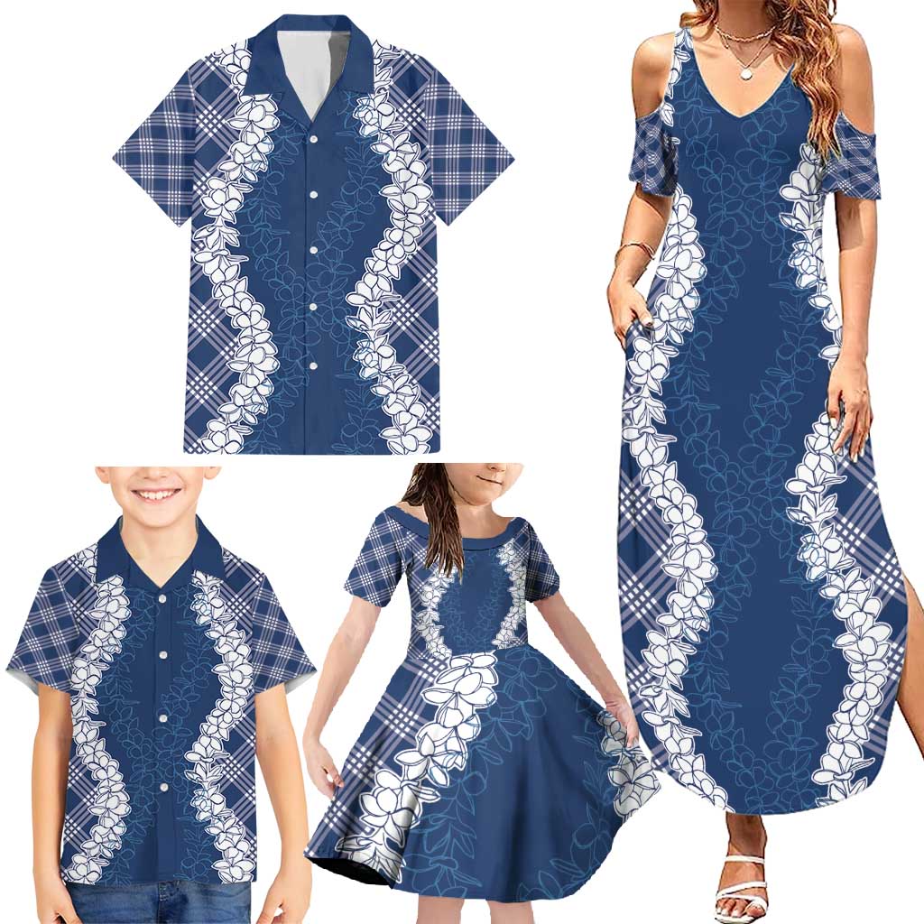 Hawaii Aloha Plumeria Lei Navy Palaka Family Matching Summer Maxi Dress and Hawaiian Shirt LT7 - Polynesian Pride