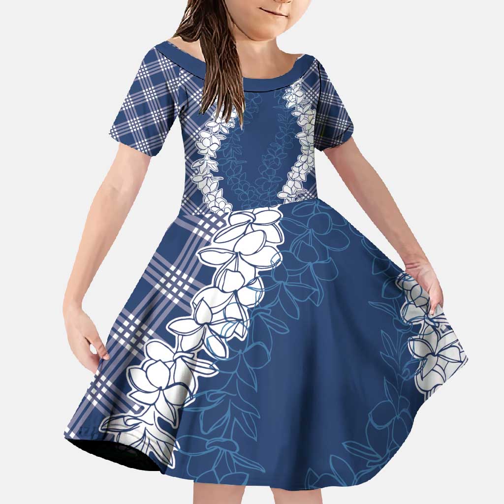 Hawaii Aloha Plumeria Lei Navy Palaka Family Matching Tank Maxi Dress and Hawaiian Shirt LT7 Daughter's Dress Navy Blue - Polynesian Pride