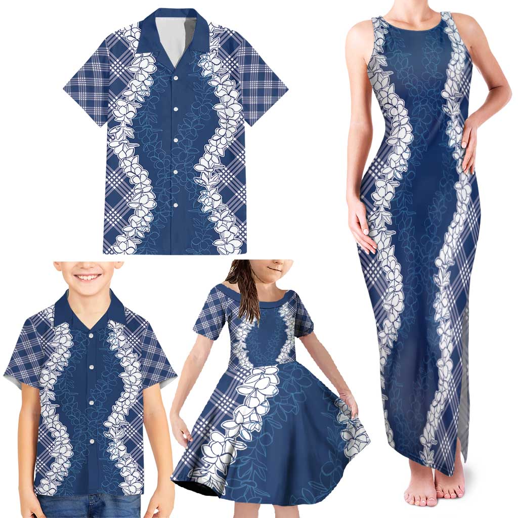 Hawaii Aloha Plumeria Lei Navy Palaka Family Matching Tank Maxi Dress and Hawaiian Shirt LT7 - Polynesian Pride
