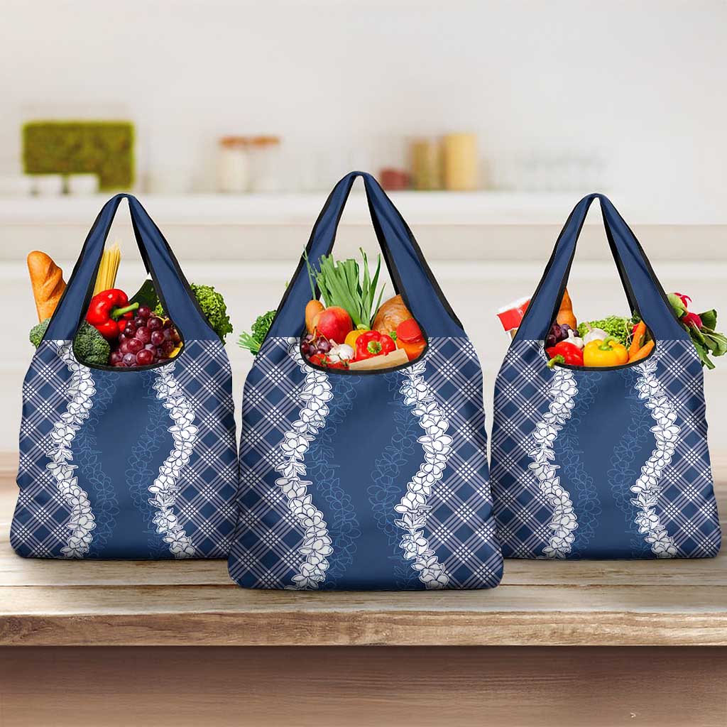 Hawaii Aloha Plumeria Lei Navy Palaka Grocery Bag - Polynesian Pride