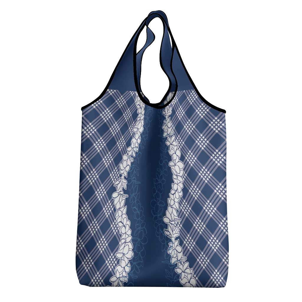 Hawaii Aloha Plumeria Lei Navy Palaka Grocery Bag - Polynesian Pride