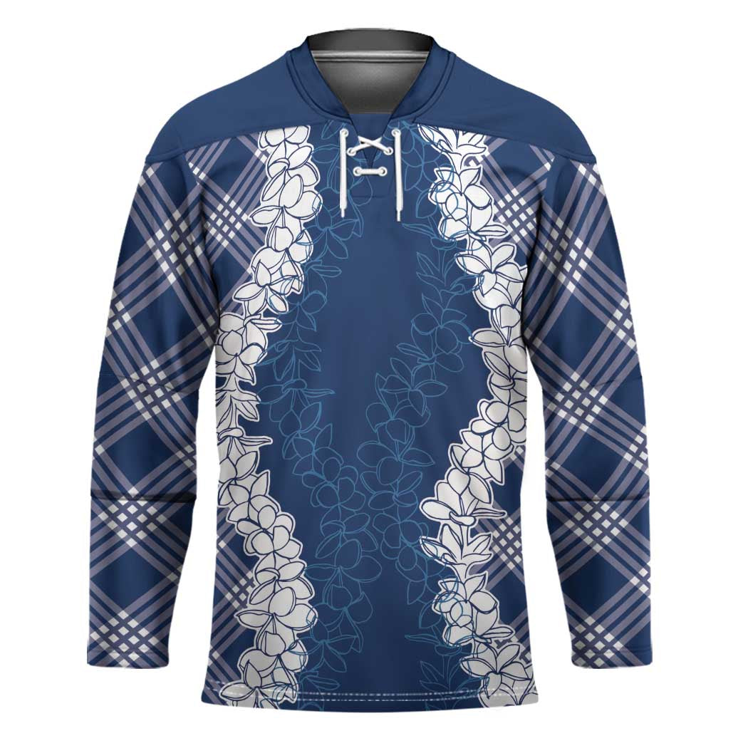 Hawaii Aloha Plumeria Lei Navy Palaka Hockey Jersey - Polynesian Pride
